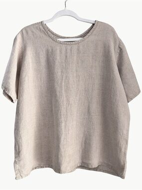 FLAX Jeanne Engelhart 100% Linen Boxy Top Taupe Short Sleeve Small
